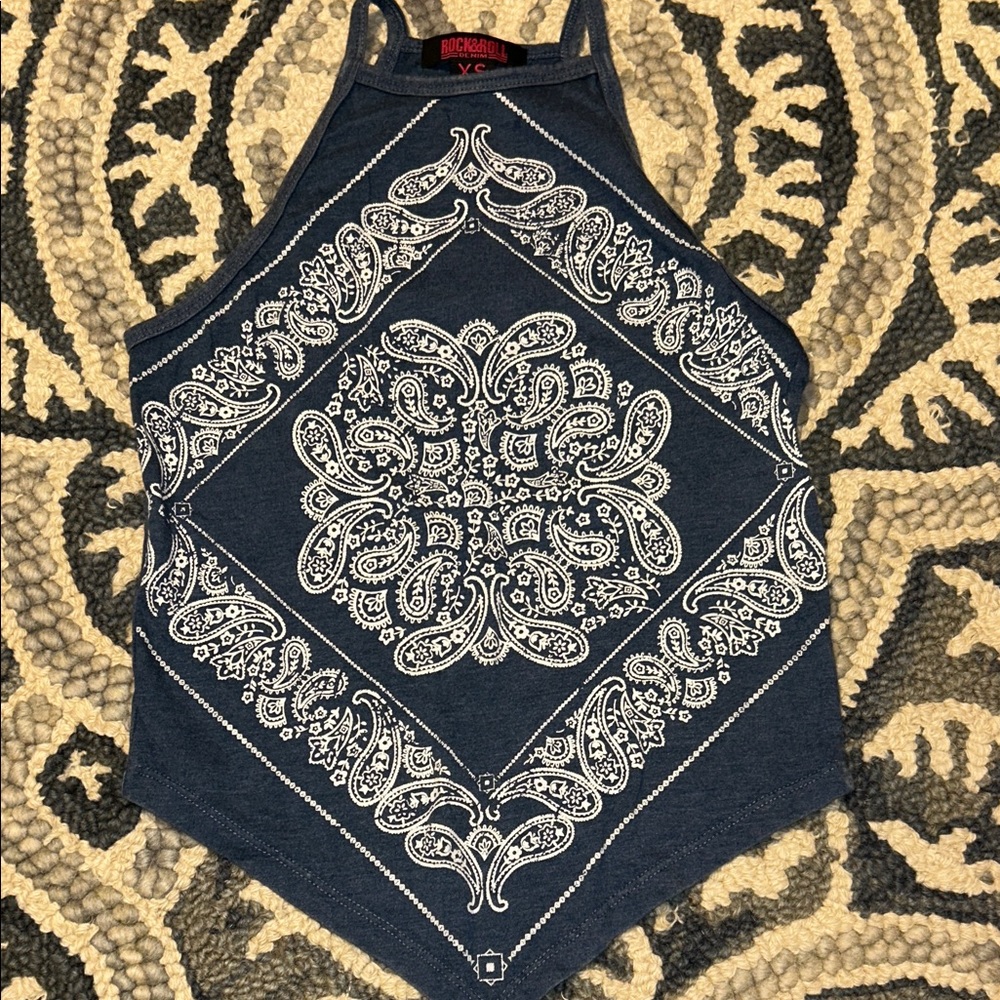 Rock & Roll Bandana Print Navy Tank Top